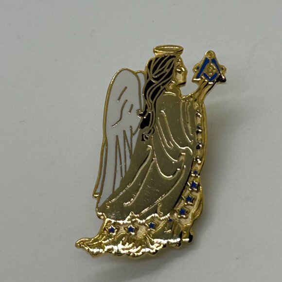 Free Mason Pin Angel Holding Square & Compass Masonic Gold-tone and Enamel - Picture 8 of 13